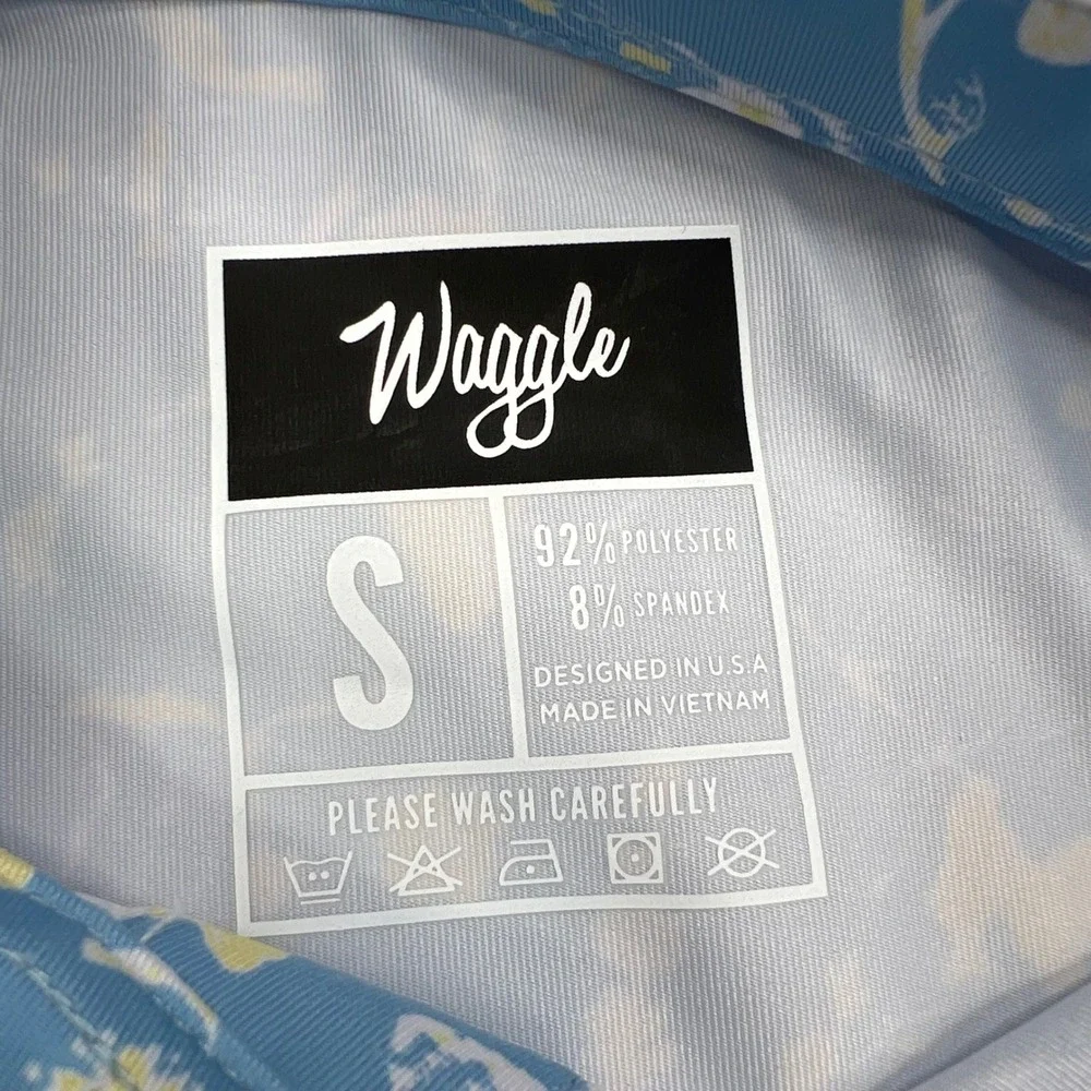 Waggle Buzzin Polo Shirt Mens‎ Small Blue Yellow Bee Floral Performance Stretch - Picture 9 of 11